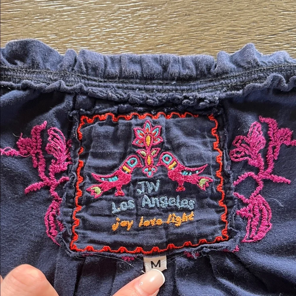 Johnny was navy floral embroidered off shoulder pockets dress M boho artisanal - Picture 7 of 8